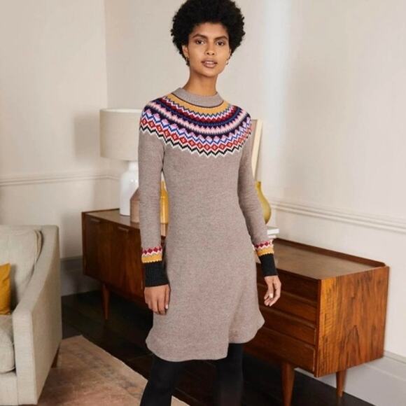 NWOT BODEN Sweater Dress 8 Aztec Fair-Isle Alpaca Wool Cotton Knit Fit&Flare - Picture 1 of 11